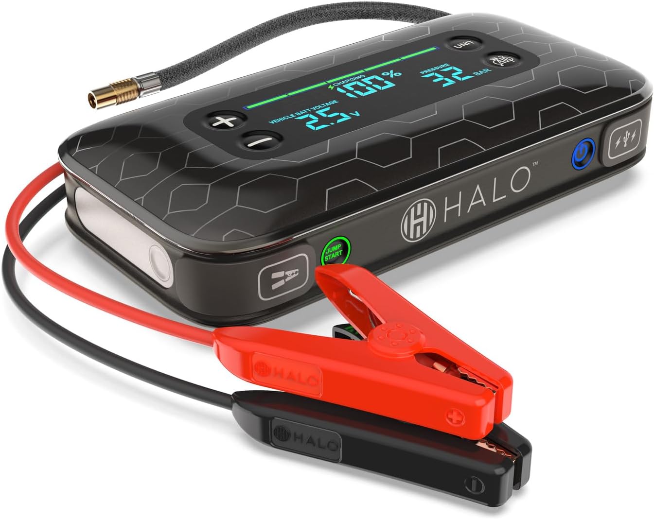 HALO Bolt Air+ 1750 Portable Car Battery Jump Starter | 130 PSI Air Compressor, 59.9Wh USB Power Bank, Large Display, Emergency Floodlight  Charger, Jumps Cars SUVs  Trucks, Inflates Tires — Black