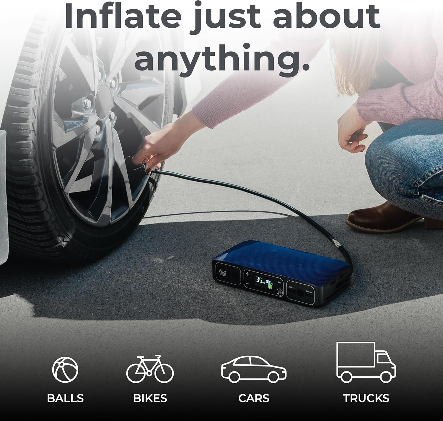 HALO Bolt Air 58830 Portable Car Battery Jump Starter | 100 PSI Air Compressor, 58.8Wh USB Power Bank, Emergency Floodlight  Charger, Jumps Cars SUVs  Trucks, Inflates Tires, TSA Approved — Blue