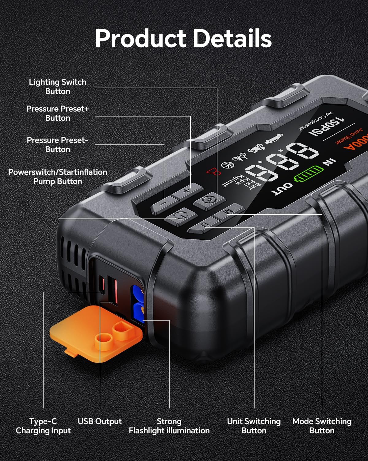 Jump Starter 5000A, Car Battery Jump Starter with Air Compressor for Up to 9.0L Gas and 8.0L Diesel Engine, 12V Jump Box with Display,PD 45W,LED Light, Jumper Cables, and Storage Case