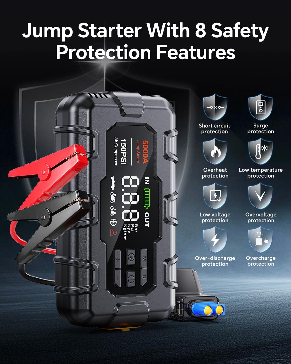 Jump Starter 5000A, Car Battery Jump Starter with Air Compressor for Up to 9.0L Gas and 8.0L Diesel Engine, 12V Jump Box with Display,PD 45W,LED Light, Jumper Cables, and Storage Case