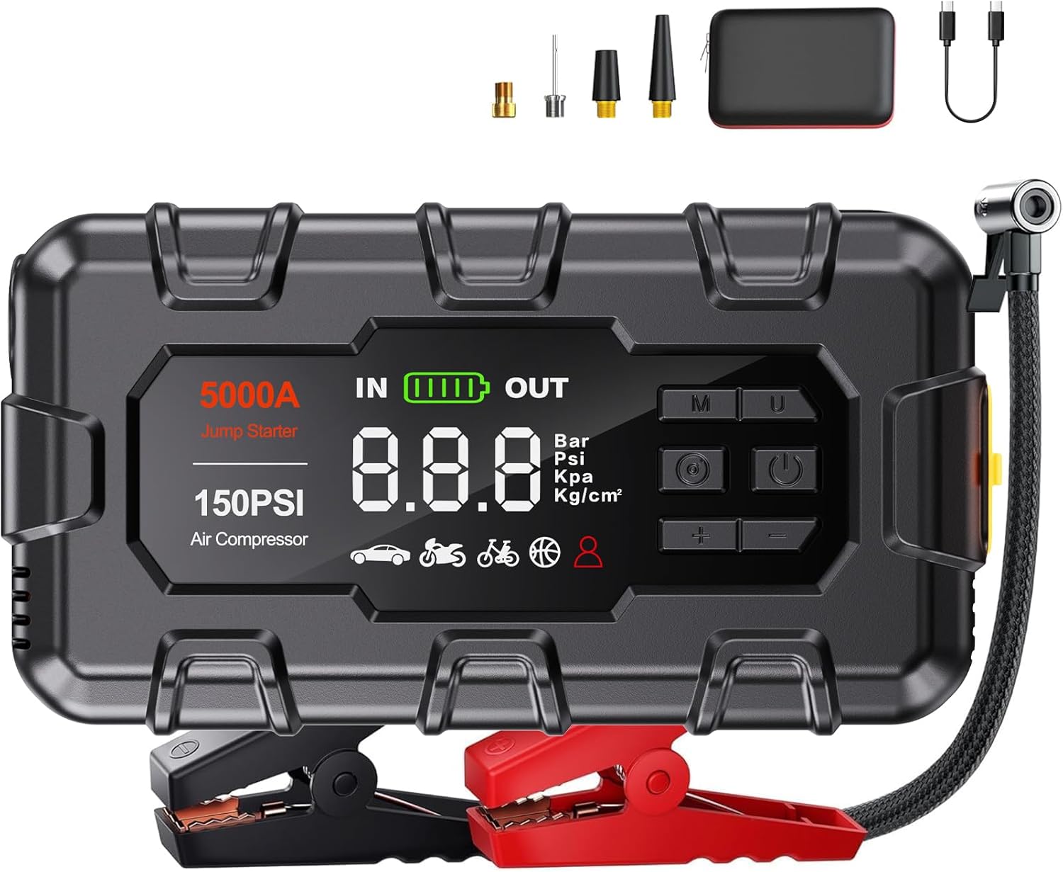 Jump Starter 5000A, Car Battery Jump Starter with Air Compressor for Up to 9.0L Gas and 8.0L Diesel Engine, 12V Jump Box with Display,PD 45W,LED Light, Jumper Cables, and Storage Case