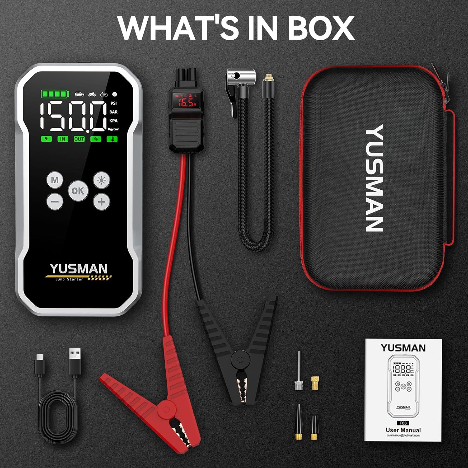 Jump Starter, 6000A Car Jump Starter with Air Compressor, 150PSI Jump Starter Pack (10.0 Gas/7.0L Diesel), 12V Battery Jump Starter with Display, Smart Jumper Cables, 2 LED Light