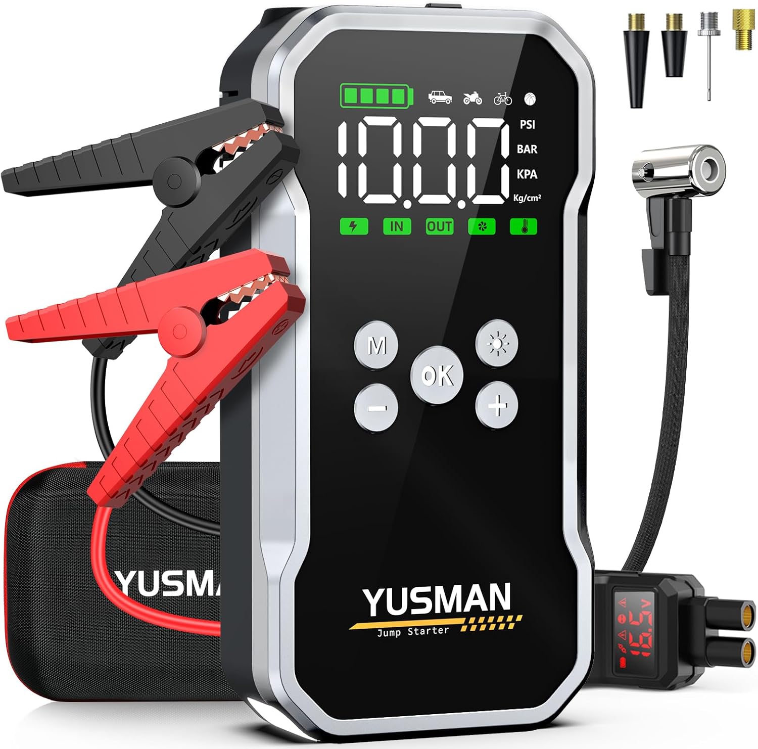 Jump Starter, 6000A Car Jump Starter with Air Compressor, 150PSI Jump Starter Pack (10.0 Gas/7.0L Diesel), 12V Battery Jump Starter with Display, Smart Jumper Cables, 2 LED Light