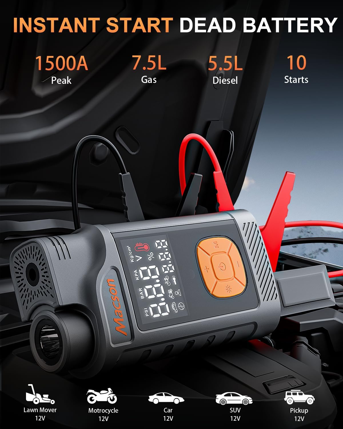 Jump Starter with Air Compressor-1500A Portable Car Battery Charger(Up to 7.5L Gas/5.5L Diesel),12V Jumper Box 150PSI Auto Tire Inflator with Jumper Cable, USB Charge, DC Output and Flashlight Jump Starter with Air Compressor-1500A Portable Car Battery Charger(Up to 7.5L Gas/5.5L Diesel),12V Jumper Box 150PSI Auto Tire Inflator with Jumper Cable, USB Charge, DC Output and Flashlight