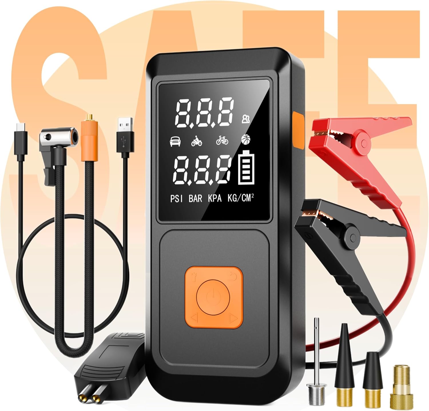Jump Starter with Air Compressor, 4000A 12V Car Battery Jumper Starter Box (10.0L Gas/8.0L Diesel) with Jumper Cables, LCD Display, 150PSI Tire inflator, LED Flashlight  Power Bank