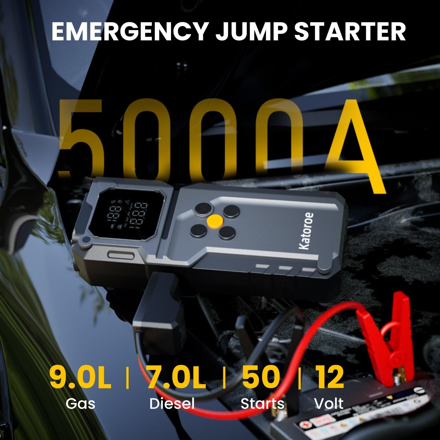 Jump Starter with Air Compressor, 5000A Car Battery Jump Starter (9.0L Gas/7.0L Diesel), 150PSI Tire Inflator 12V Car Battery Jumper Starter Portable with Jumper Cables, LED Light