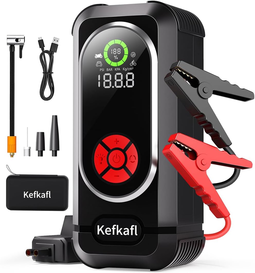 Jump Starter with Air Compressor, 5000A Car Battery Jump Starter Portable (10.0 Gas/10.0L Diesel), 150PSI 12V Jump Box Battery Jumper Starter with Tire Inflator, Jumper Cables, LED Light, LED Display Jump Starter with Air Compressor, 5000A Car Battery Jump Starter Portable (10.0 Gas/10.0L Diesel), 150PSI 12V Jump Box Battery Jumper Starter with Tire Inflator, Jumper Cables, LED Light, LED Display