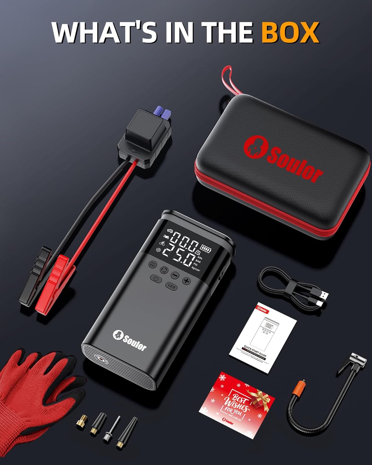 Jump Starter with Air Compressor, 6000A Battery Jumper Starter Portable, 12V Jump Box Car Jump Starter Portable with 150PSI Tire Inflator, LED Light, Gloves and Jumper Cables (14L Diesel All Cars) Jump Starter with Air Compressor, 6000A Battery Jumper Starter Portable, 12V Jump Box Car Jump Starter Portable with 150PSI Tire Inflator, LED Light, Gloves and Jumper Cables (14L Diesel All Cars)