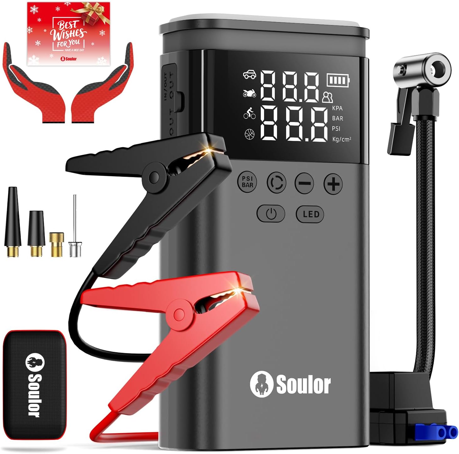 Jump Starter with Air Compressor, 6000A Battery Jumper Starter Portable, 12V Jump Box Car Jump Starter Portable with 150PSI Tire Inflator, LED Light, Gloves and Jumper Cables (14L Diesel All Cars) Jump Starter with Air Compressor, 6000A Battery Jumper Starter Portable, 12V Jump Box Car Jump Starter Portable with 150PSI Tire Inflator, LED Light, Gloves and Jumper Cables (14L Diesel All Cars)