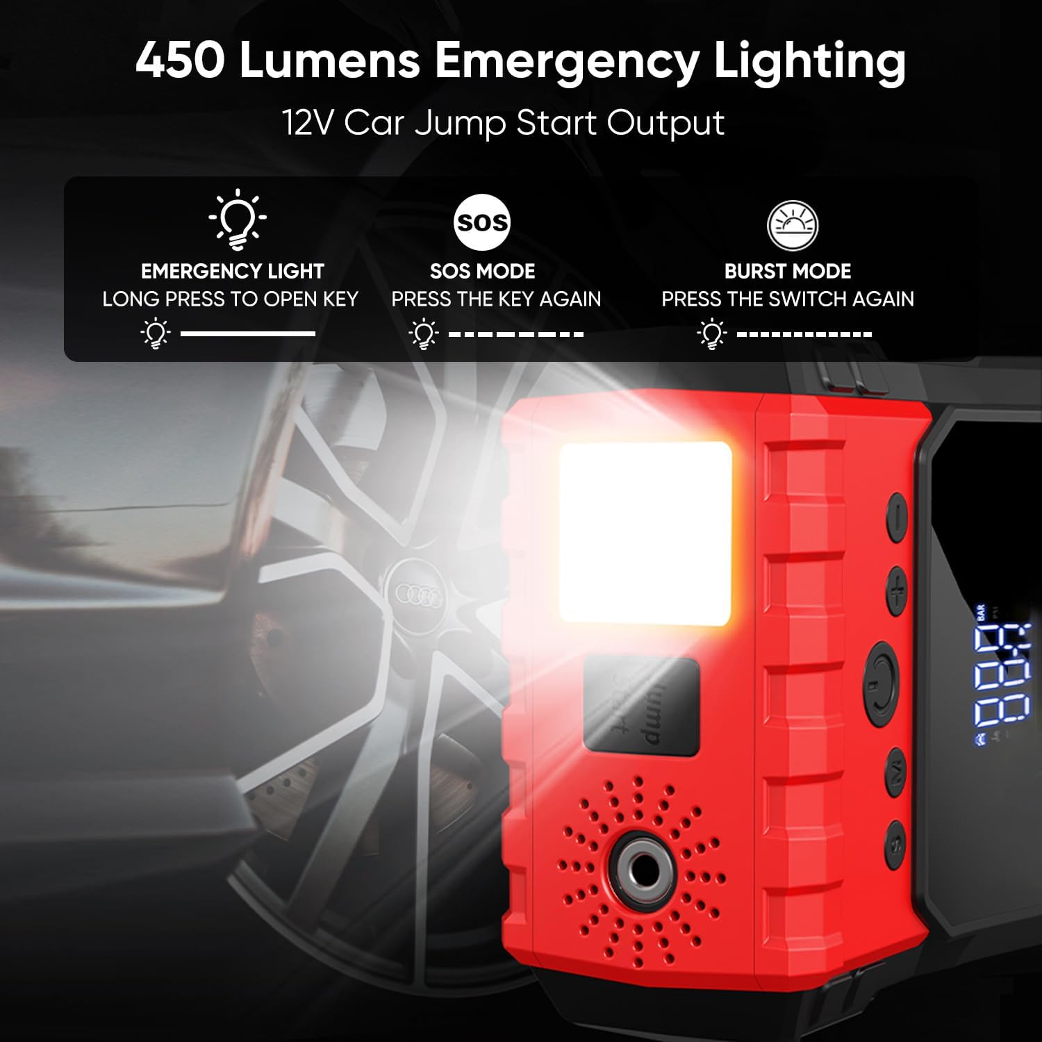 Jump Starter with Air Compressor, 6000A Car Battery Jumper Starter (10.0 Gas/8.0L Diesel), 12V Jump Starter Battery Pack, Portable Jump Box with LED Display, Flashlight and Jumper Cable