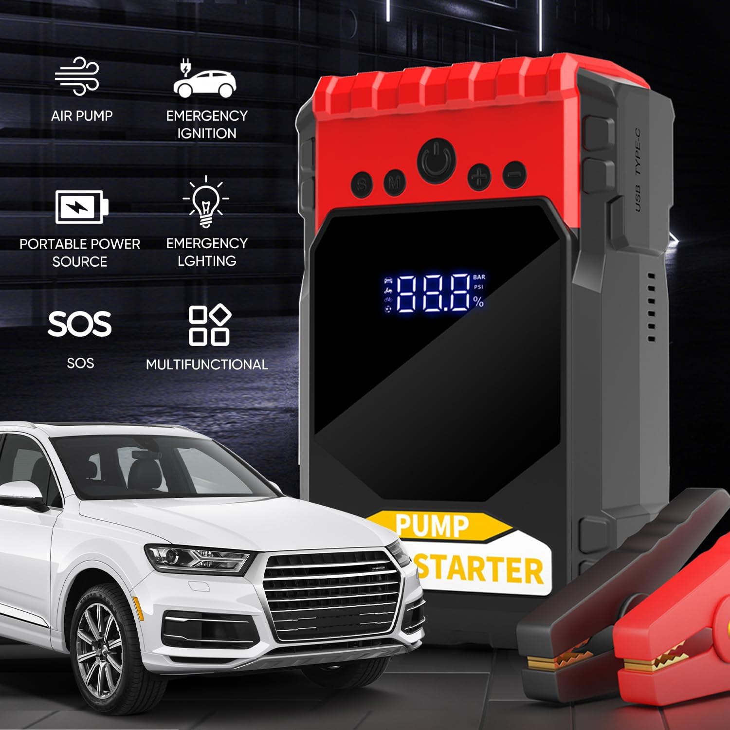 Jump Starter with Air Compressor, 6000A Car Battery Jumper Starter (10.0 Gas/8.0L Diesel), 12V Jump Starter Battery Pack, Portable Jump Box with LED Display, Flashlight and Jumper Cable