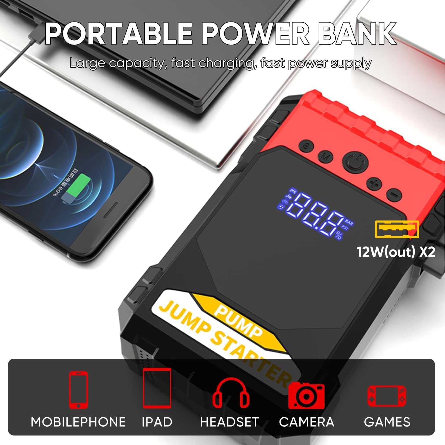 Jump Starter with Air Compressor, 6000A Car Battery Jumper Starter (10.0 Gas/8.0L Diesel), 12V Jump Starter Battery Pack, Portable Jump Box with LED Display, Flashlight and Jumper Cable