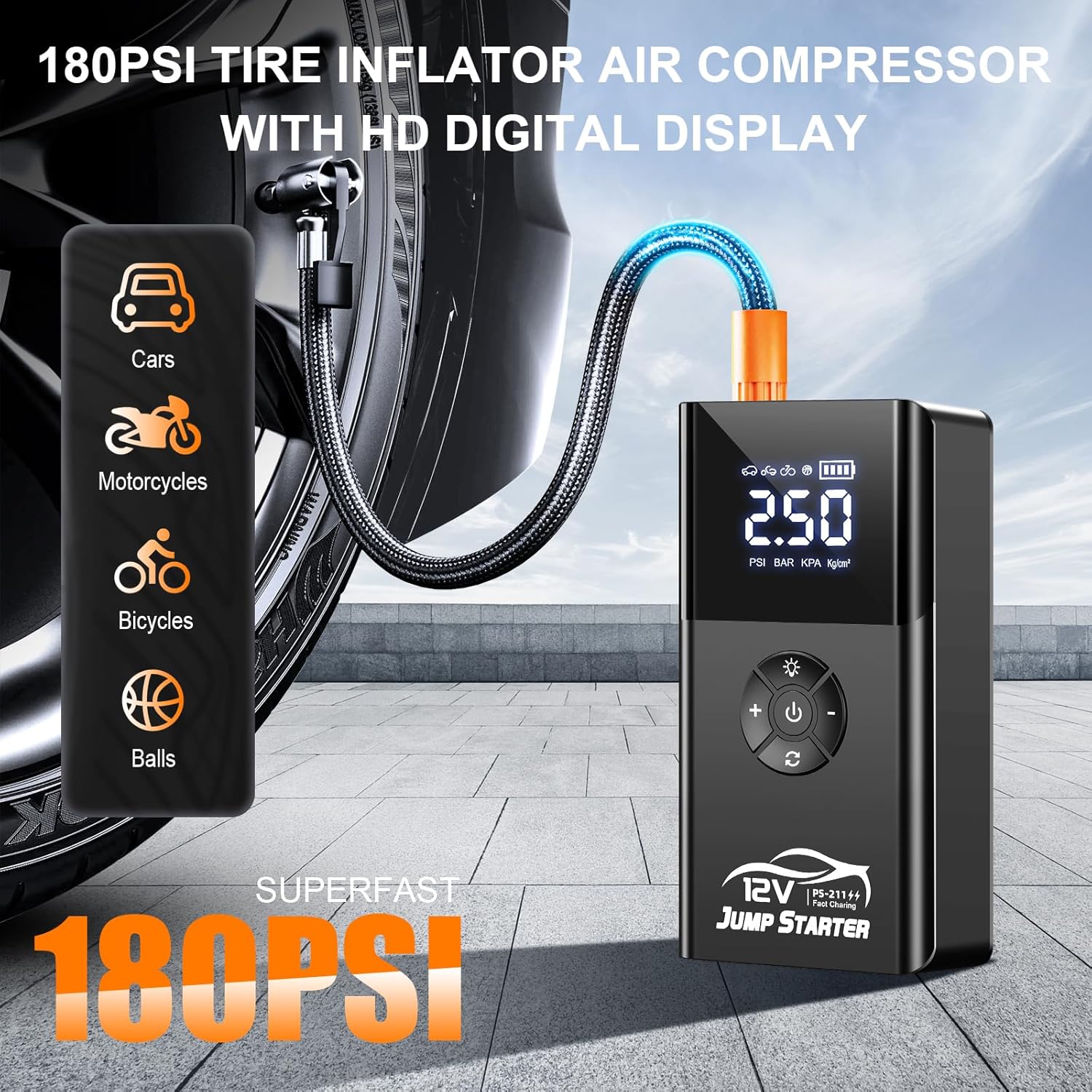 Jump Starter with Air Compressor, 8000A 180PSI, Portable Car Battery Jump Starter (All Gas/12L Diesel) 12V Automobile Jump Box Pack Chargers with Jumper Cables, 4-Mode LED Lights Jump Starter with Air Compressor, 8000A 180PSI, Portable Car Battery Jump Starter (All Gas/12L Diesel) 12V Automobile Jump Box Pack Chargers with Jumper Cables, 4-Mode LED Lights