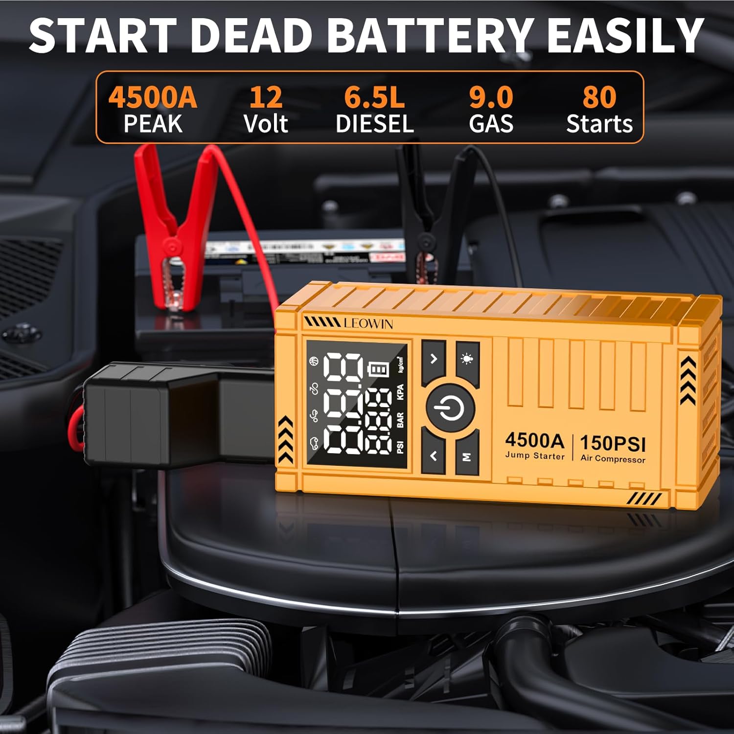 Jump Starter with Air Compressor, Battery Jumper Starter Portable(9.0 Gas/6.5L Diesel) with Tire Inflator, 12V Car Battery Jump Starter with Smart Jumper Cables, LED Light, LCD Display