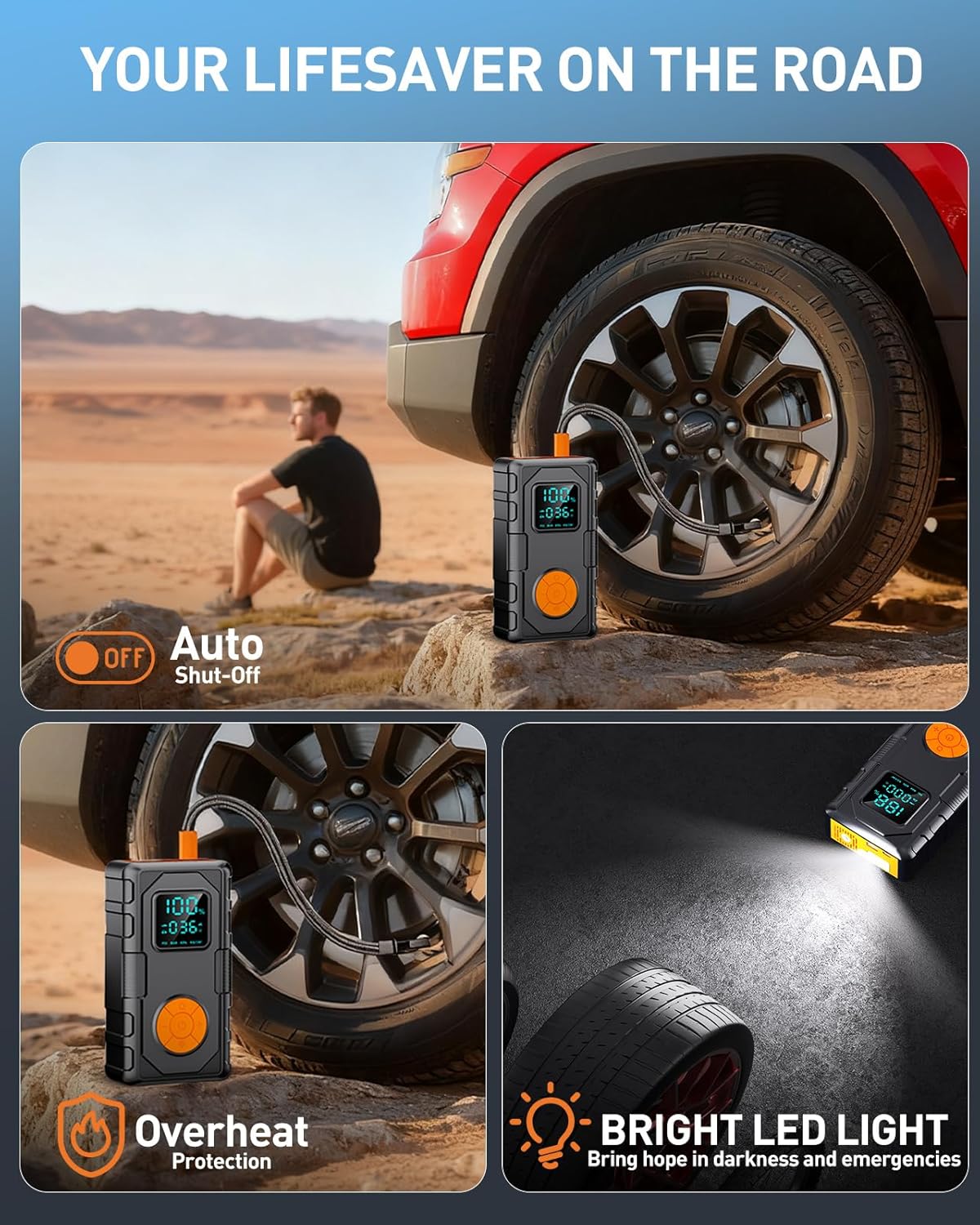Jump Starter with Air Compressor, Car Battery Jump Starter (8.0 Gas/7.0L Diesel), Battery Jumper Starter Portable Jump Box, 12V Portable Car Jump Starter with Tire Inflator,Gift for Man Father Husband