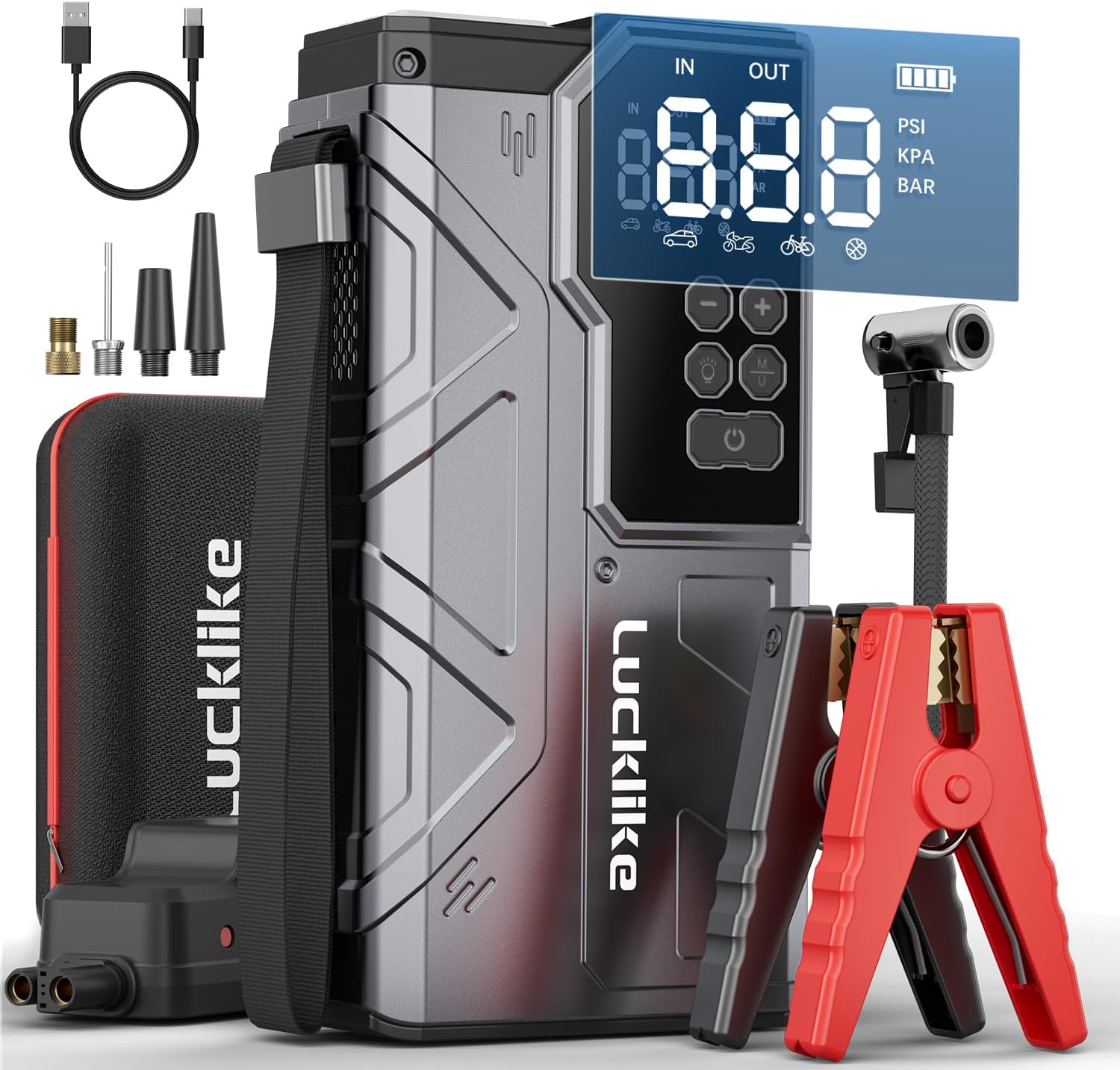 Jump Starter with Air Compressor, Lucklike 4000A Portable Car Battery Jumper Starter Pack for 10L Gas and 8L Diesel, Tire Inflator with Pressure Detection, 12V Jump Box with 3 Modes Flashlight 【New】