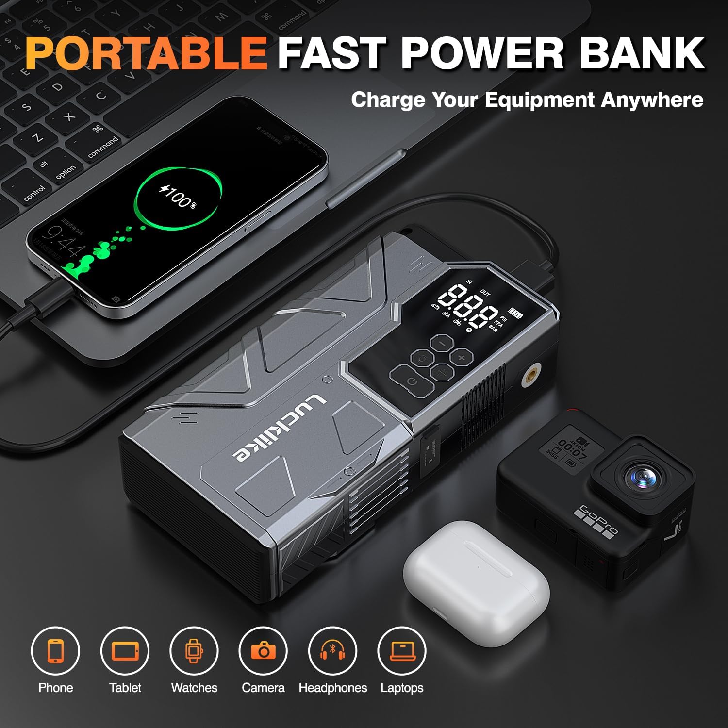 Jump Starter with Air Compressor, Lucklike 4000A Portable Car Battery Jumper Starter Pack for 10L Gas and 8L Diesel, Tire Inflator with Pressure Detection, 12V Jump Box with 3 Modes Flashlight 【New】