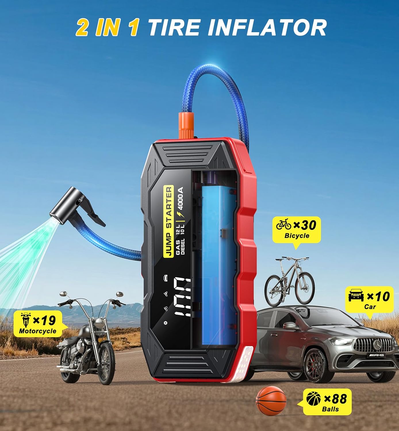 Jump Starter with Air Compressor, Portable Car Battery Jump Starter(12 Gas/10L Diesel), 4000A Peak 160PSI 12V Automobile Jump Box Pack Chargers with Jumper Cables, 4-Mode LED Lights, LCD Display