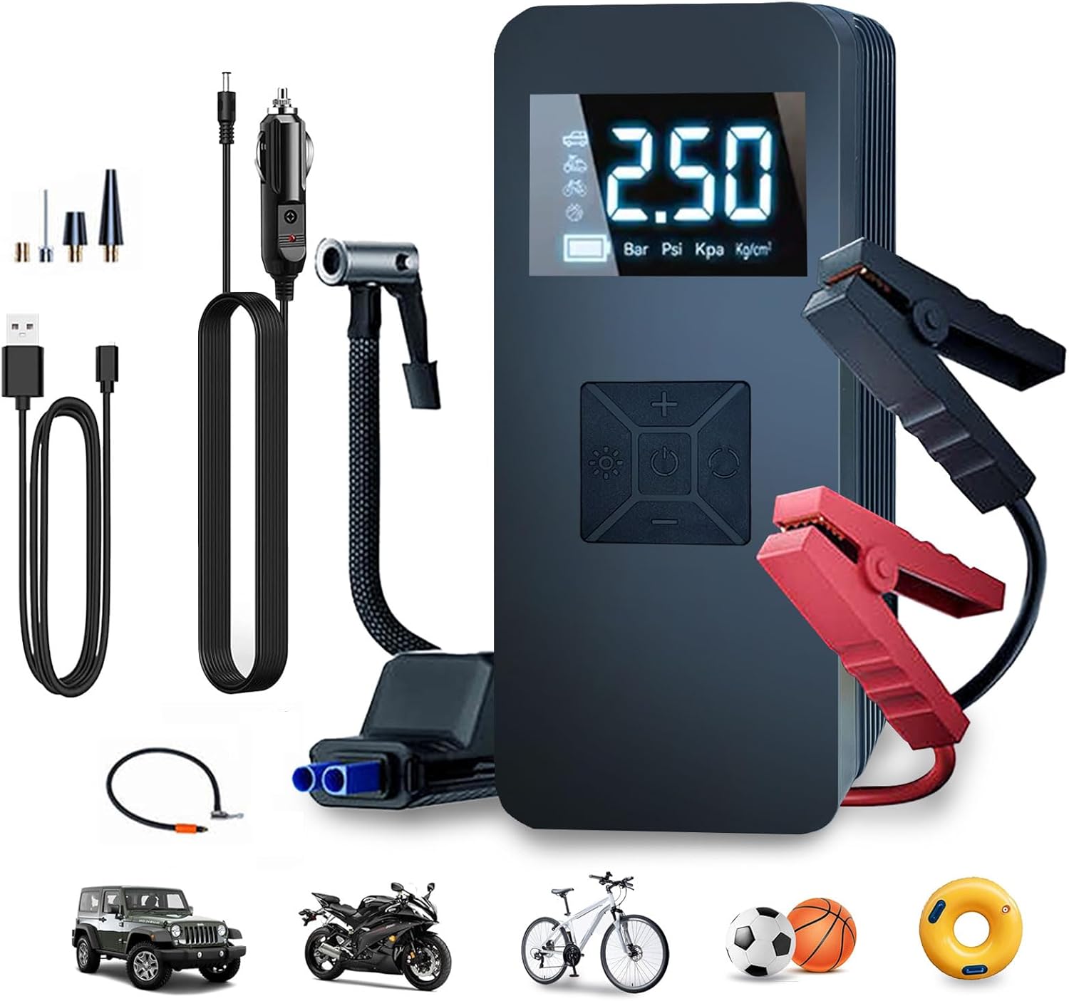 Jump Starter with Air Compressor,14.8V 8000A Peak Portable Car Battery Jump Starter Jump Box,150PSI Car Air Pump Tire Inflator Battery Charger with LED Light, LCD Display,Black Jump Starter with Air Compressor,14.8V 8000A Peak Portable Car Battery Jump Starter Jump Box,150PSI Car Air Pump Tire Inflator Battery Charger with LED Light, LCD Display,Black