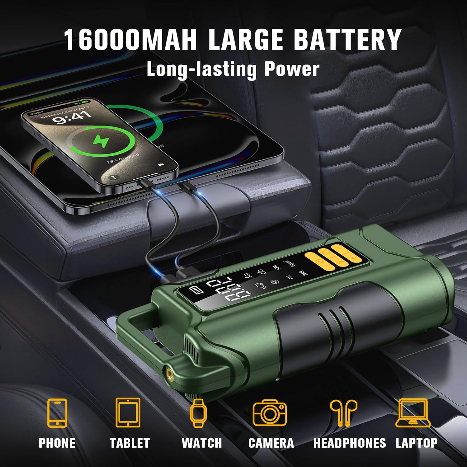 Jump Starter with Air Compressor,5000A Car Battery Jumper Starter, 16000mAh Battery Jumper Starter Portable for 10L Gas/Diesel Engine with 160PSI Booster,LED Display Light,Jumper Cables Jump Starter with Air Compressor,5000A Car Battery Jumper Starter, 16000mAh Battery Jumper Starter Portable for 10L Gas/Diesel Engine with 160PSI Booster,LED Display Light,Jumper Cables