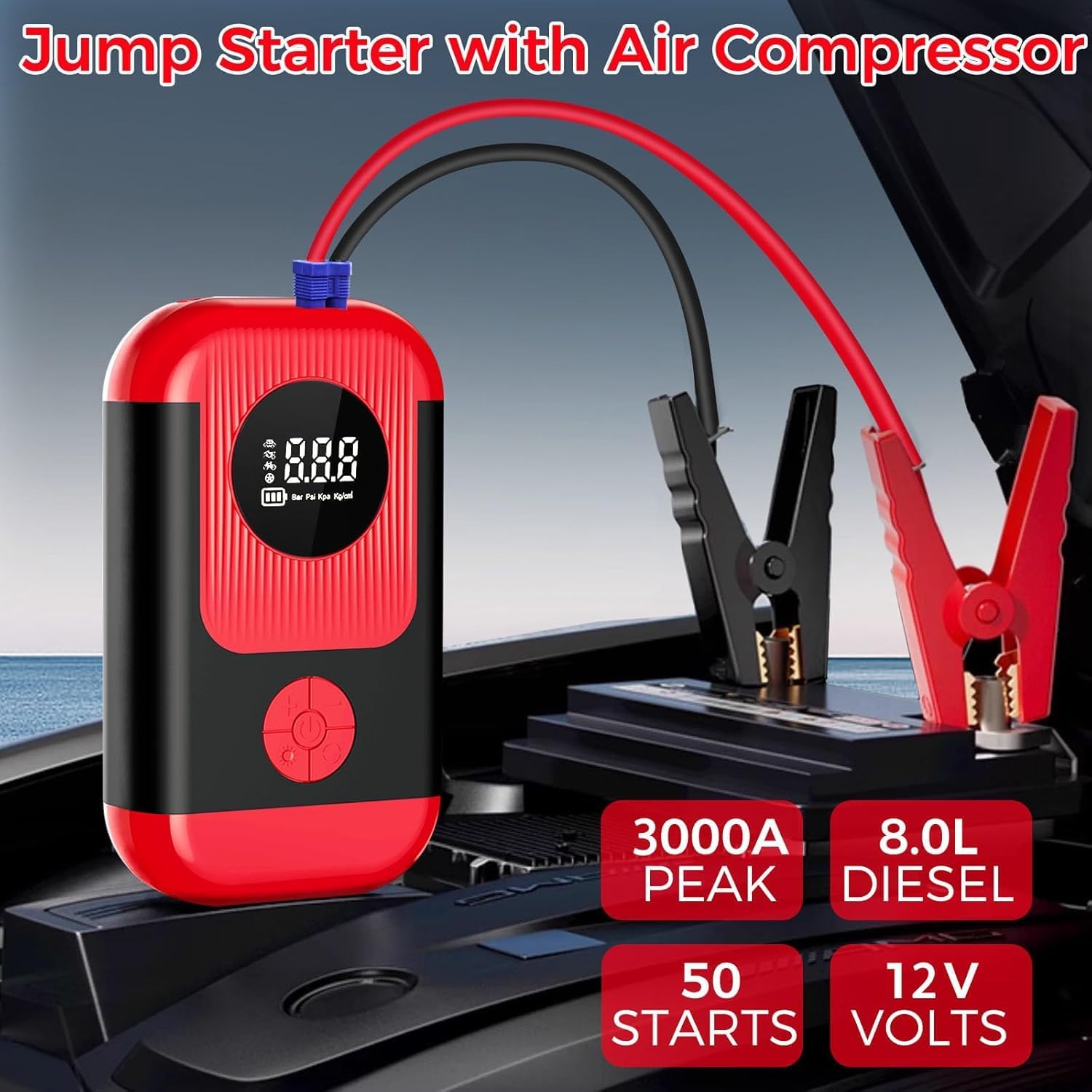 Jump Starter with Air Compressor,5000A Portable Car Battery Booster (10 Gas/8L Diesel) with 150PSI Tire Inflator,12V Car Battery Jump Box,Cordless Air Pump for,Motorcycle,Bike, Balls,LED Light