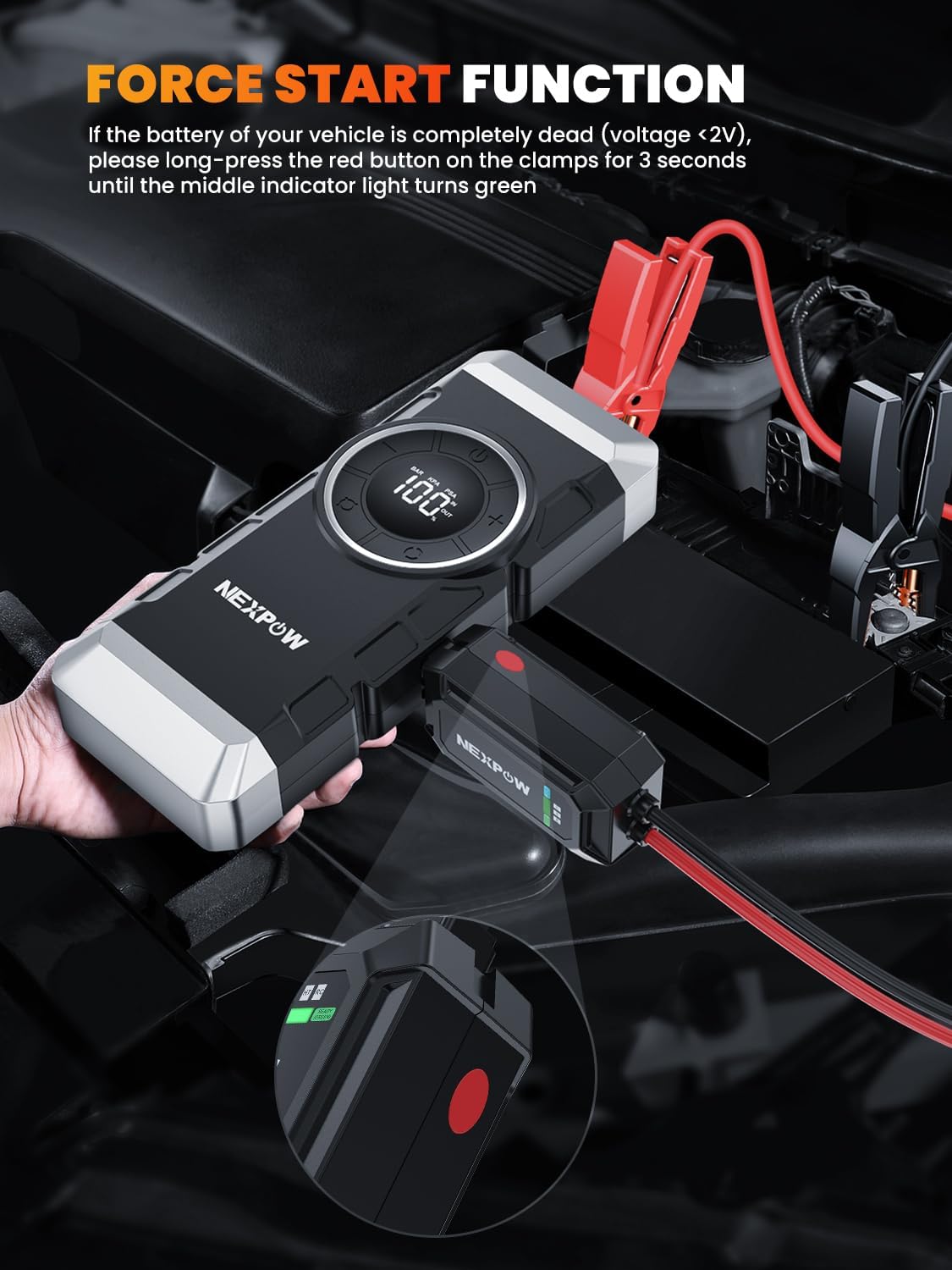 NEXPOW Car Battery Jump Starter with Air Compressor 3000A Peak,12V 150PSI Portable Jumpstart Box for Up to 8L Gas and 8L Diesel Engines, PD18W Quick Charging, Force Start Button