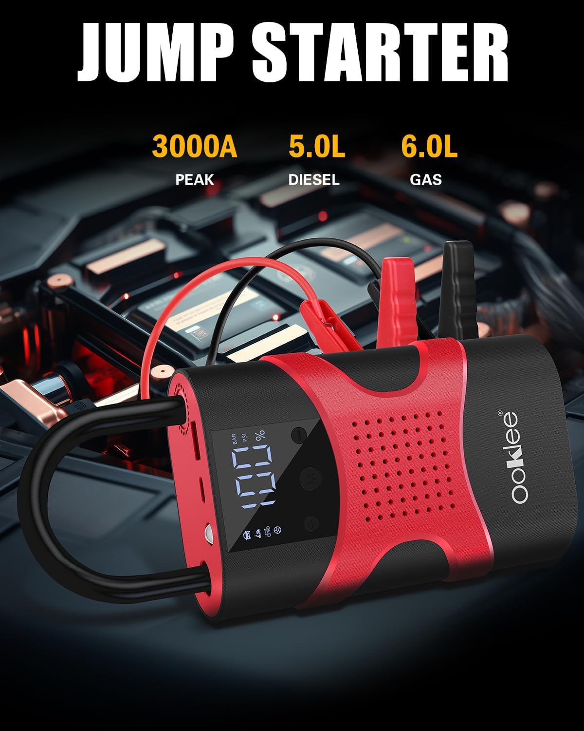 Portable Car Jump Starter with Air Compressor 150PSI Tire Inflator Portable Air Compressor,12V 3000A Car Battery Jump Starter Battery Pack with LED Display and Lights, Output and Input Power