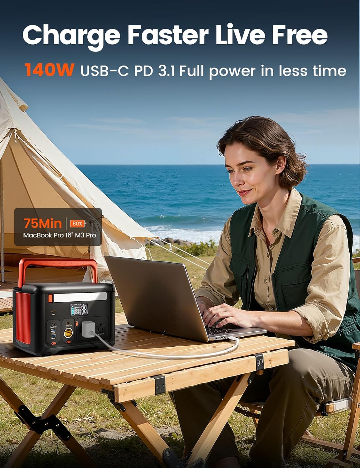 Portable Power Station 600W(1200W Surge), 299Wh Camping Power Station with 2 AC Outlet, 140W USB-C Fast Charging,7 Ports Mini Solar Generator for Camping Indoor Outdoor Emergency RV (CYBPULTE C601)