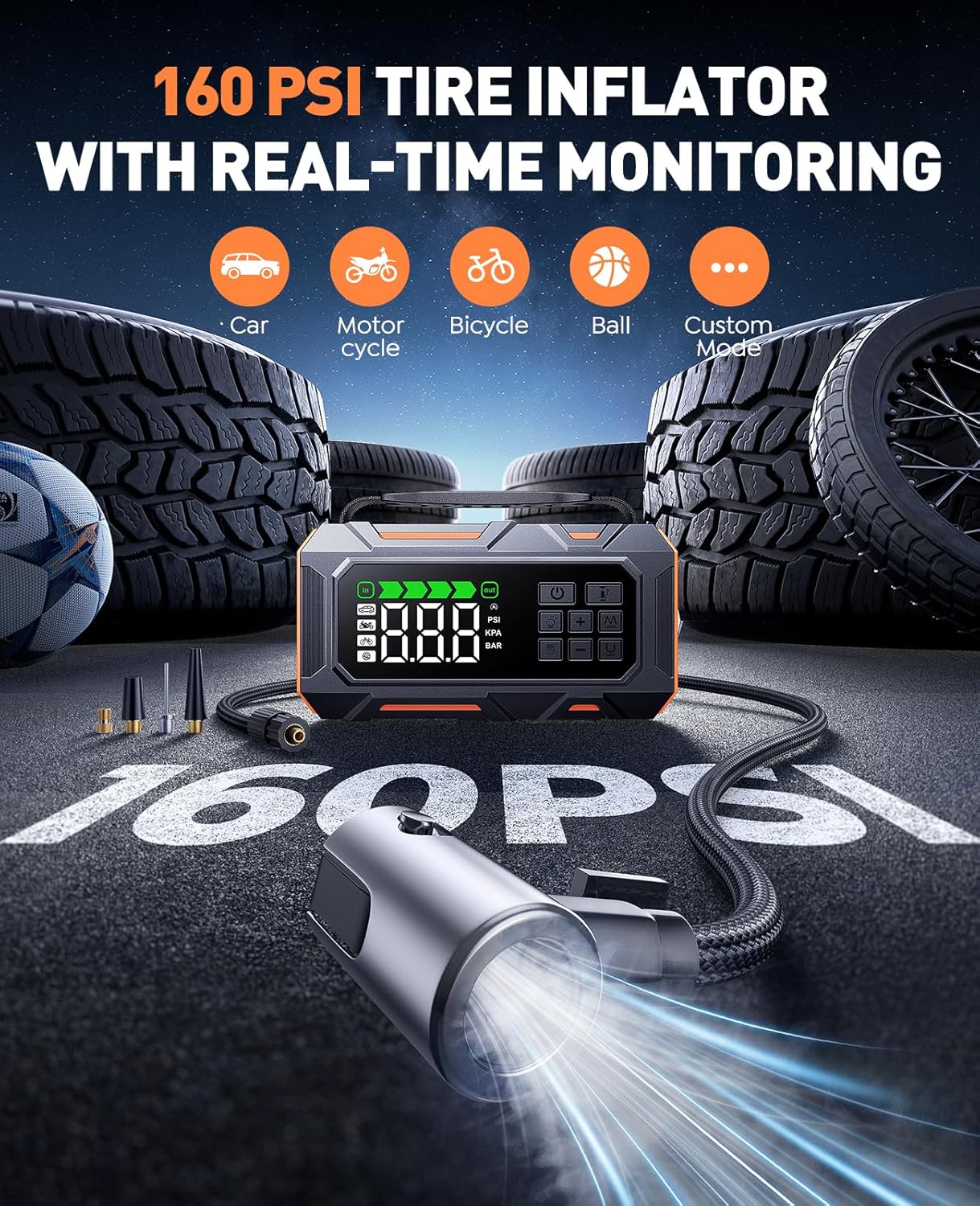 TREKURE 16-in-1 Car Jump Starter with Air Compressor 160PSI, 8000A Jump Starter Jump Box (All Gas 14L Diesel), Jumper Cables Jumper Starter Portable with Car Roadside Emergency Kit, Gloves, Lights