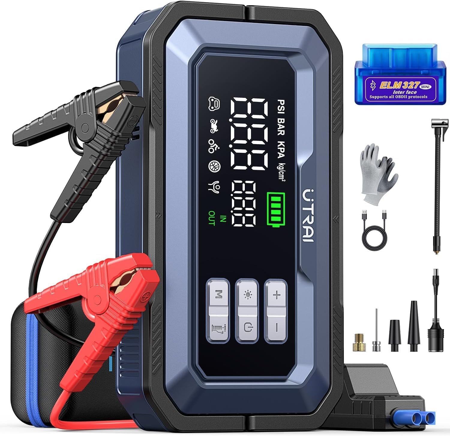 UTRAI Jump Starter with Air Compressor 150PSI, 7000A Peak 12V Jump Box for Car Battery (All Gas/12.0L Diesel), 160W DC Output Car Jumper Starter Portable, Jump Pack with OBD II Scanner, LED Light