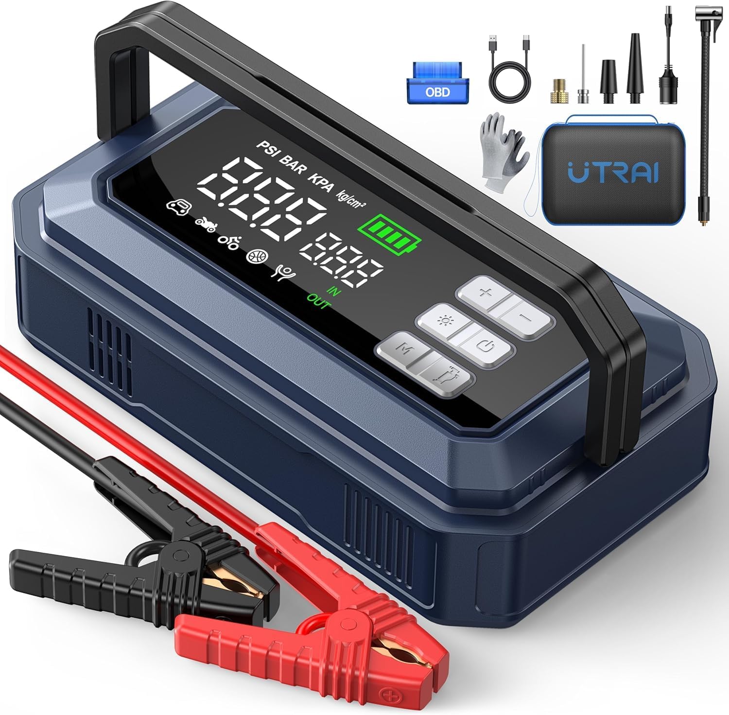 UTRAI Jump Starter with Air Compressor 150PSI, 7000A Peak 12V Jump Box for Car Battery (All Gas/12.0L Diesel), 160W DC Output Car Jumper Starter Portable, Jump Pack with OBD II Scanner, LED Light