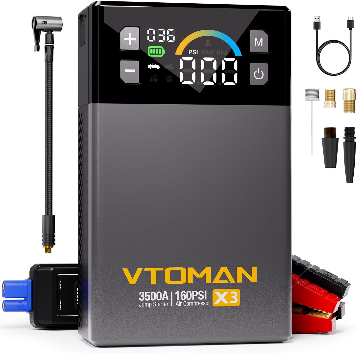 VTOMAN X3 Jump Starter with Air Compressor, 3500A Portable Car Battery Jumper Starter (9L Gas/8.5L Diesel Engines) with 160PSI Auto-Shutoff Tire Inflator, 12V Lithium Battery Booster Pack, Jump Box VTOMAN X3 Jump Starter with Air Compressor, 3500A Portable Car Battery Jumper Starter (9L Gas/8.5L Diesel Engines) with 160PSI Auto-Shutoff Tire Inflator, 12V Lithium Battery Booster Pack, Jump Box