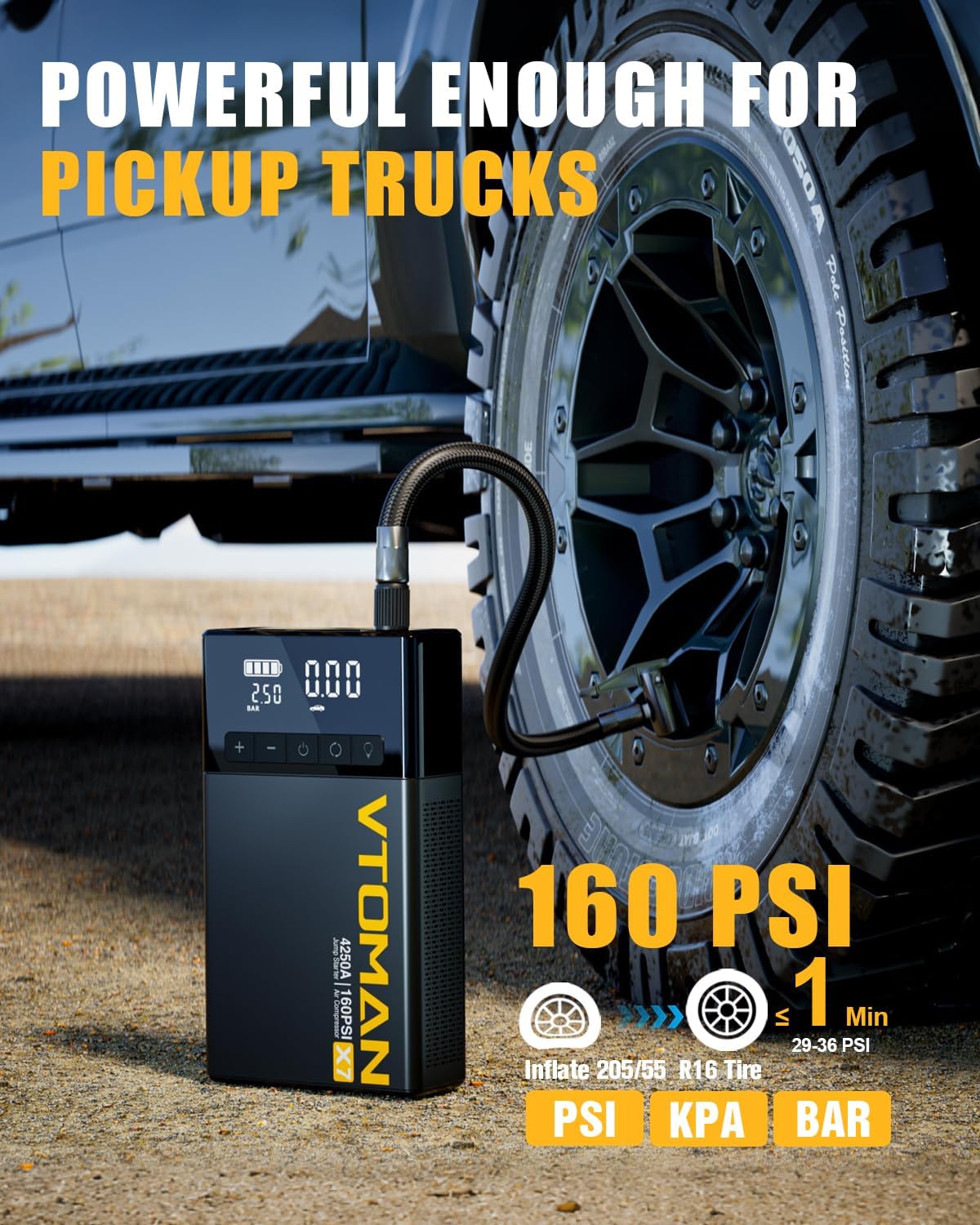 VTOMAN X7 Jump Starter with Air Compressor, 4250A160PSI Battery Car Jumper Starter Portable Booster Pack (10L Gas/10L Diesel) with Tire Inflator, 12V Lithium Jump Box for Pickup Trucks  Suvs, QC 3.0