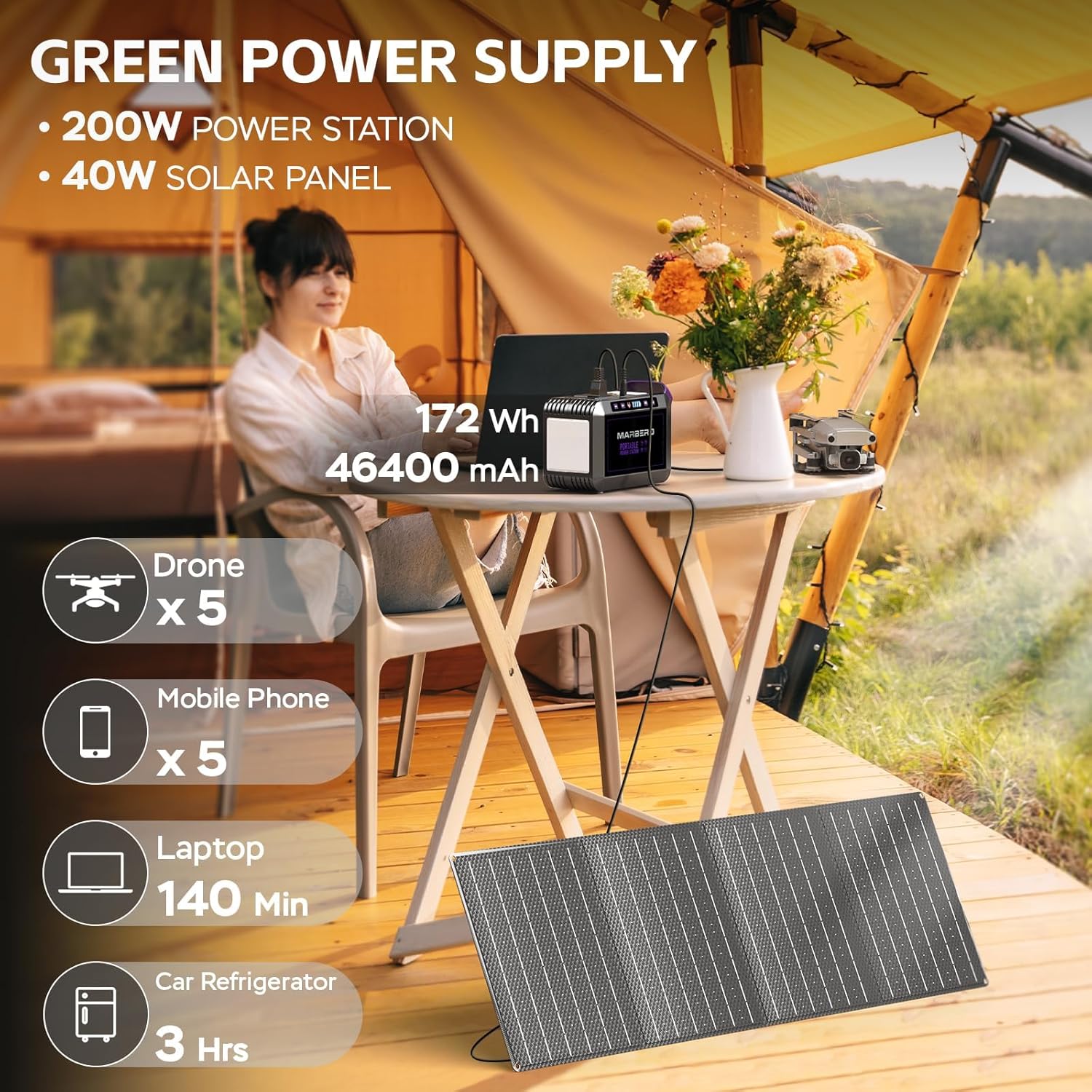 [WINTER STORM POWER OUTAGE ESSENTIAL] MARBERO 172Wh Solar Generator with 40W Solar Panel, Portable Power Station 200W, Camping, Outdoor, Hiking, Fishing, Emergency