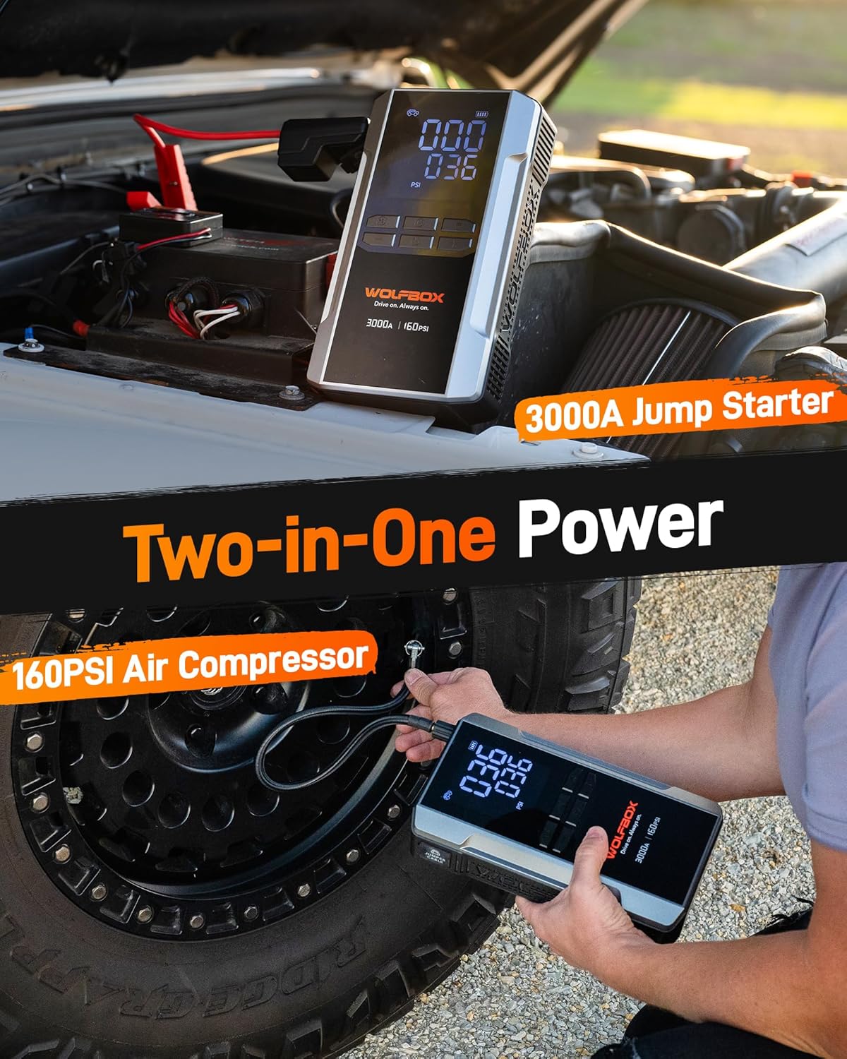 WOLFBOX 3000A Jump Starter with Air Compressor, 59.2Wh160PSI Portable Car Battery Jump Starter with 65W Fast Charge, 12V Battery Pack (8L Gas 6L Diesel Engine) with Boost, Light and Jumper Cables