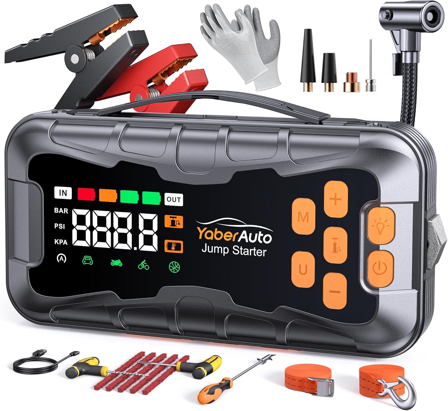 YaberAuto 16-in-1 Jump Starter with Air Compressor 8000A 160PSI Car Battery Jump Starter (All Gas/14L Diesel) 12V Jump Box Car Battery Jumper Starter Portable Jumper Cables, Emergency Tool Kit, Gloves