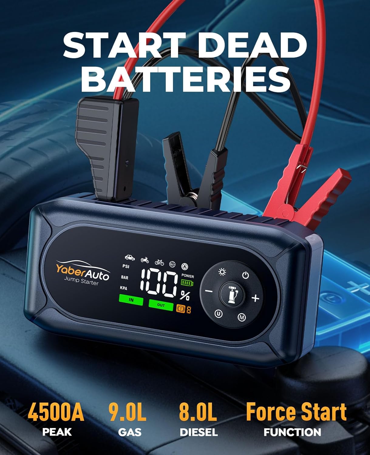 YaberAuto 9-in-1 Jump Starter with Air Compressor 4500A 150PSI Car Battery Jump Starter (9L Gas/8L Diesel), 12V Jump Box Car Battery Jumper Starter Portable Jumper Cables, 400V Insulated Gloves, Light