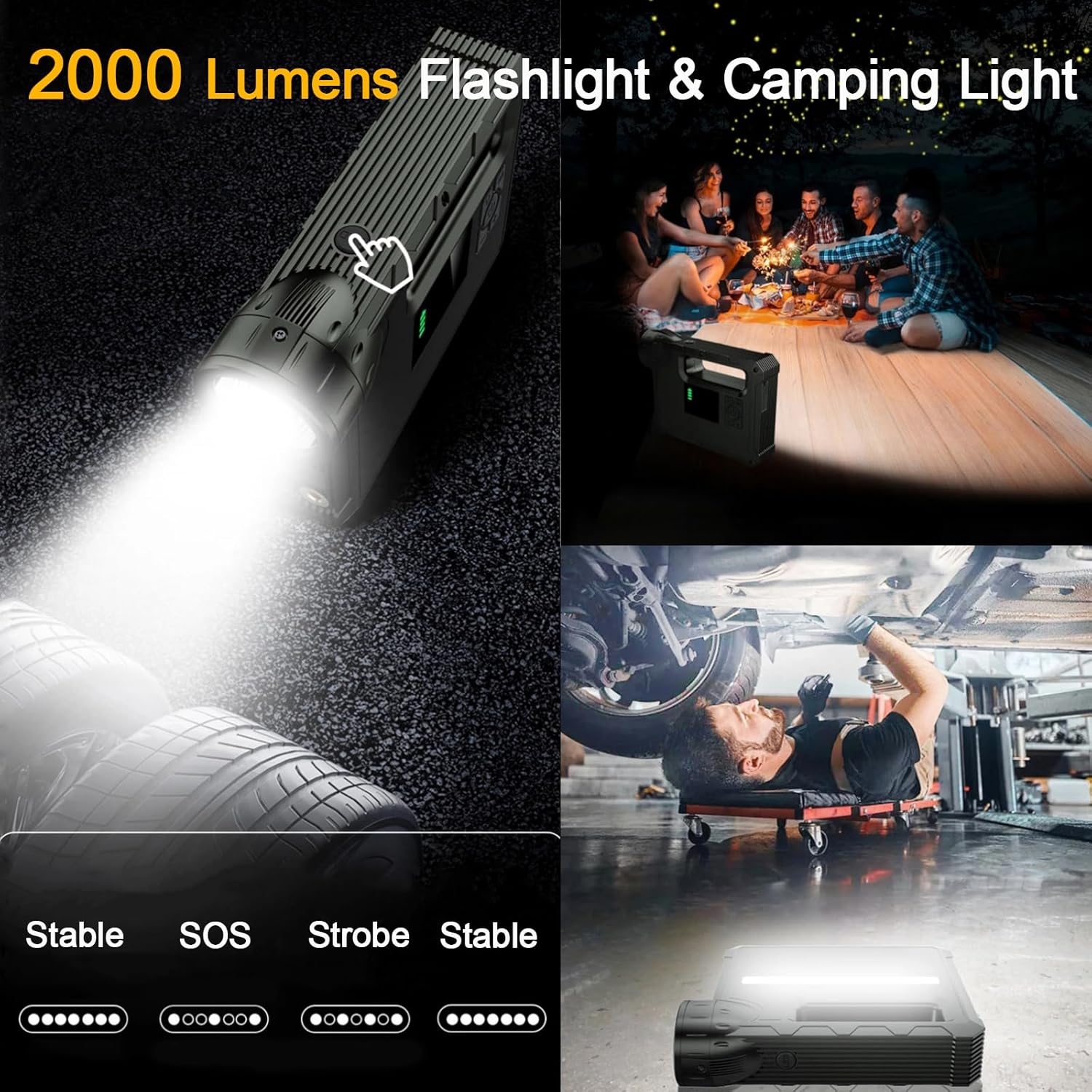 16000mAh  2000A Jump Starter with Air Compressor, 2000 Lumen Camping Light  Flashlight, 150PSI  2X Rapid Inflation Tire Inflator Portable Air Compressor Suitable for Car, Motorcycle, Bicycle, Ball