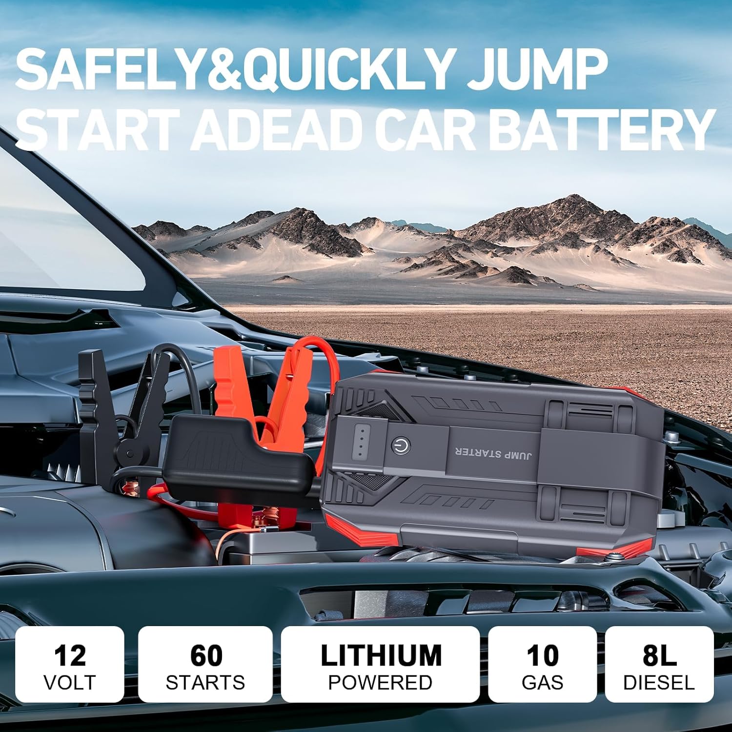 4000A Car Battery Jump Starter, Portable Car Jump Starter for Up to 10L Gas and 8L Diesel Engines, 12V Jump Box with 3 Modes Flashlight and Jumper Cable