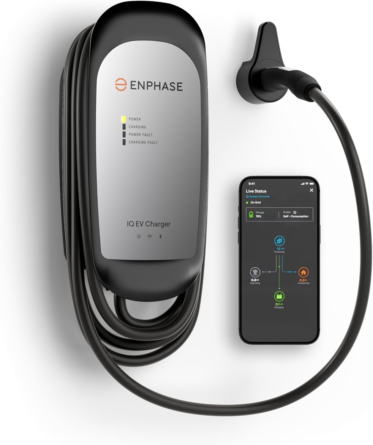 48 Amp Smart EV Charger - Enphase IQ 60, Hardwired, 11.5kW Power, 240V, 5-Year Warranty, Wi-Fi Connected, Safety Certified, 25ft Cable  Ruggedized J1772 Connector