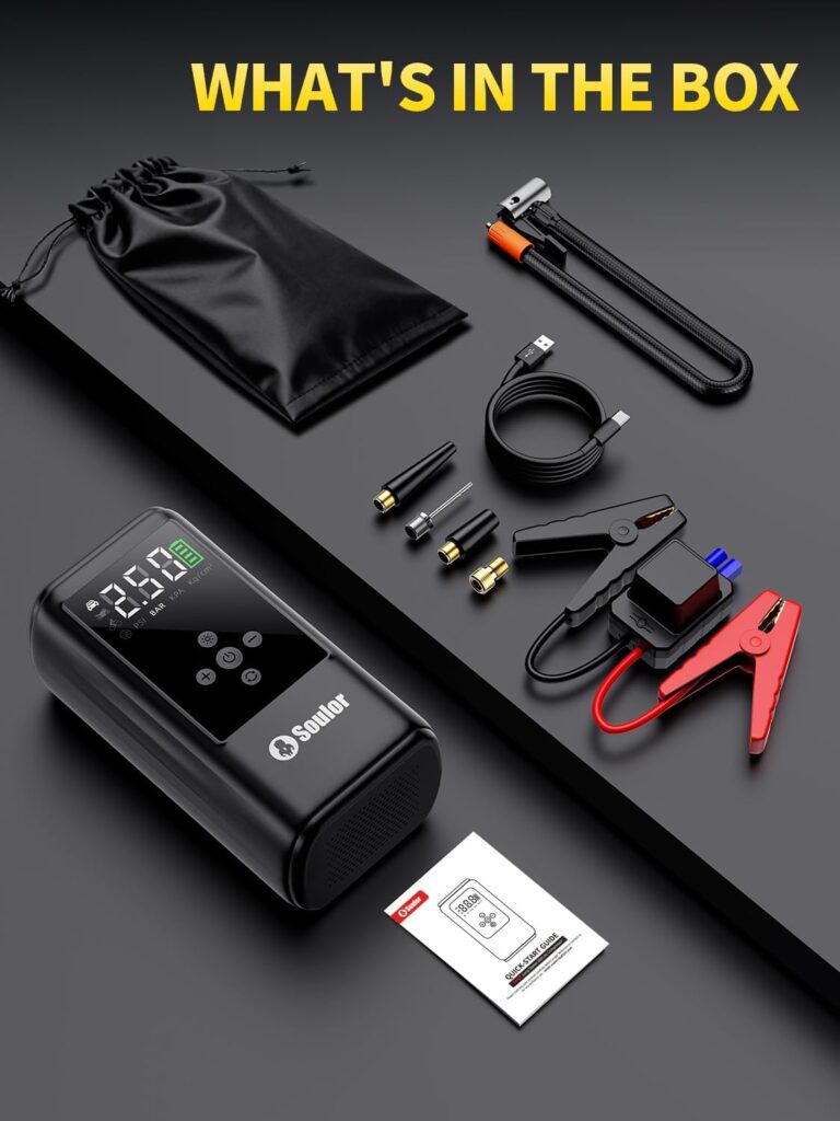 6000A Jump Starter with Air Compressor Battery Jumper Starter Portable 10-in-1 Car Jump Starter Portable 12V Jump Box with 160PSI Tire Inflator LED Light and Jumper Cables (10L Diesel All Cars)