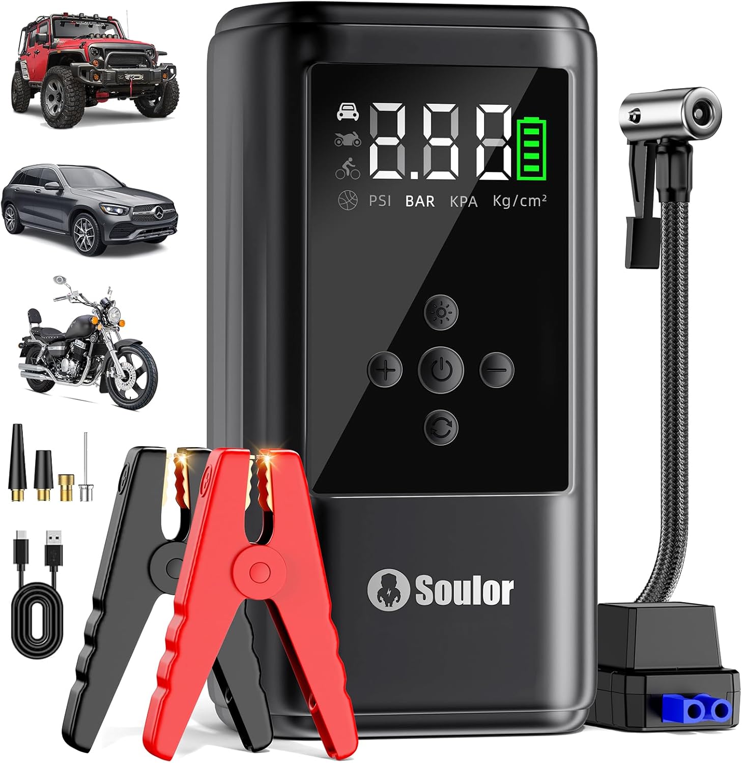 6000A Jump Starter with Air Compressor Battery Jumper Starter Portable 10-in-1 Car Jump Starter Portable 12V Jump Box with 160PSI Tire Inflator LED Light and Jumper Cables (10L Diesel All Cars)