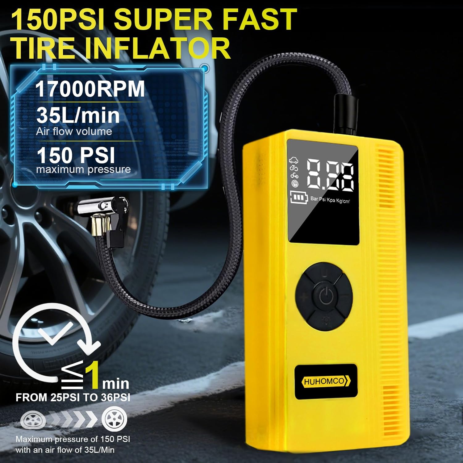7-in-1 Car Jump Starter with Air Compressor, 3000A Portable 12V Power Pack, 150PSI Digital Tire Inflator for 9L Gas/7L Diesel, Multifunctional Jump Box with LED Light and Jumper Cables