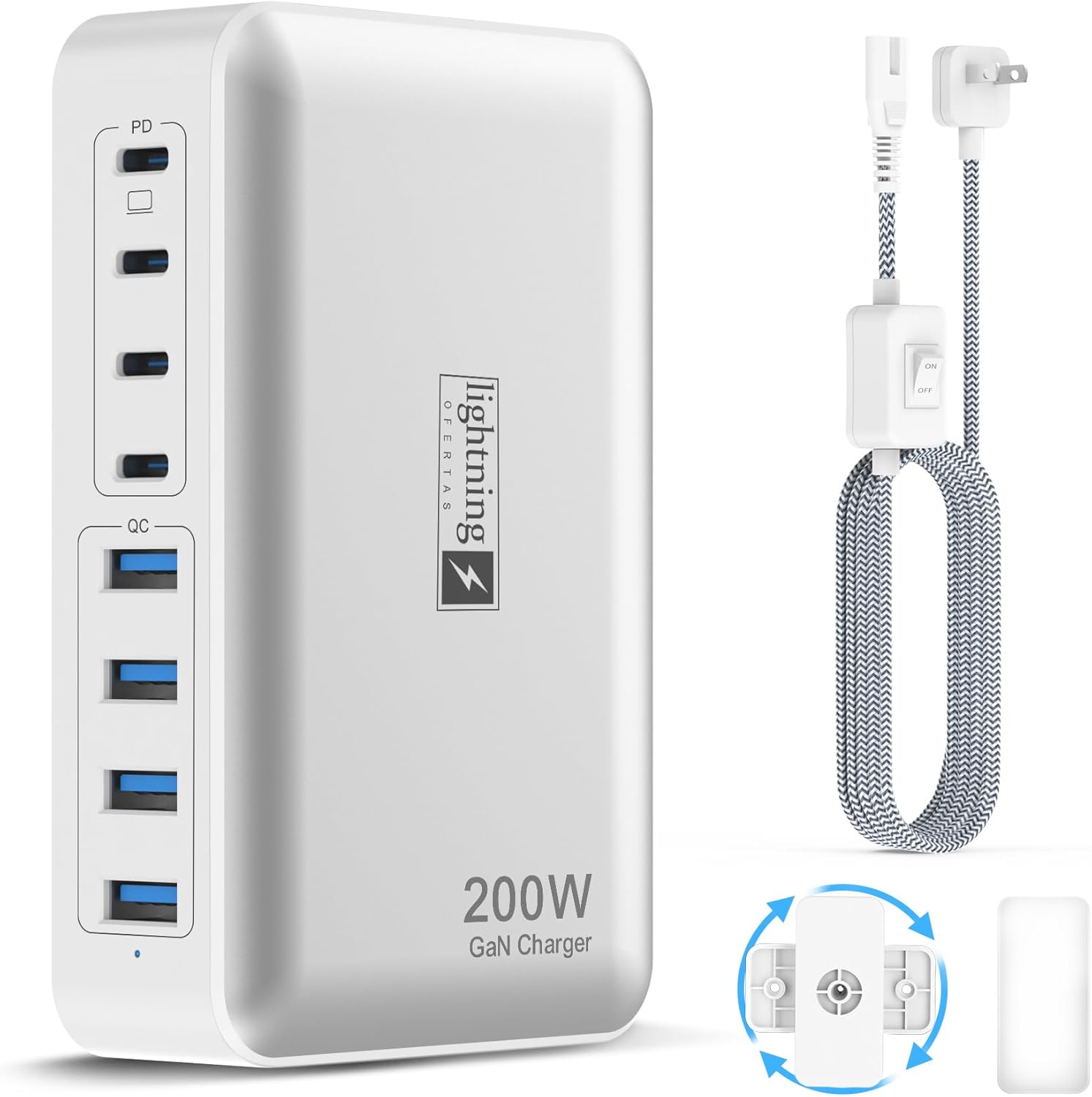 8-Port Multi Charging Stations 200W with Flat Plug, Braided Power Cord, and On/Off Switch- USB Charging Hub for iPhone, iPad, MacBook and More- 65W C Port Power Adapter for Laptops