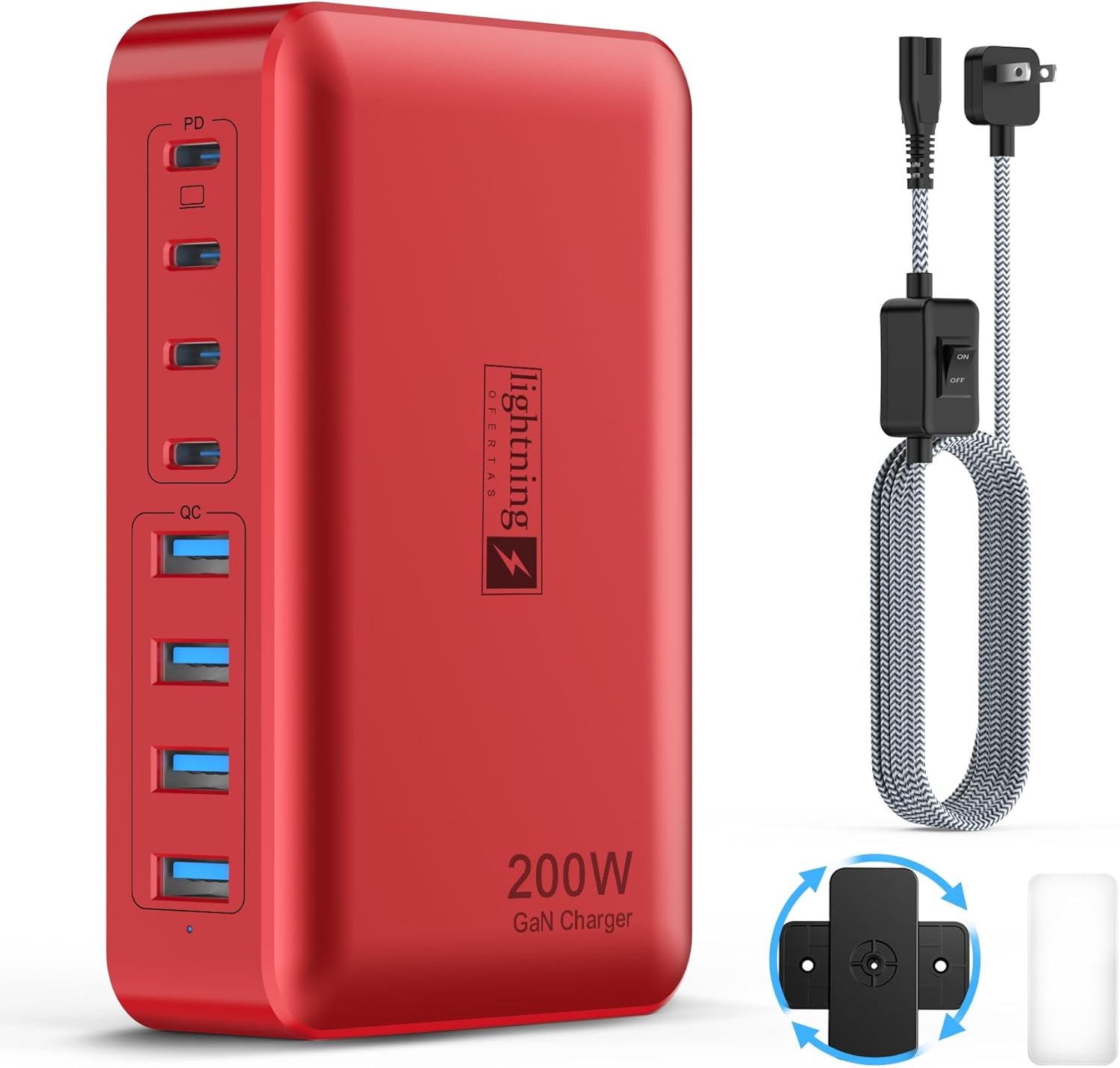 8-Port Multi Charging Stations 200W with Flat Plug, Braided Power Cord, and On/Off Switch- USB Charging Hub for iPhone, iPad, MacBook and More- 65W C Port Power Adapter for Laptops
