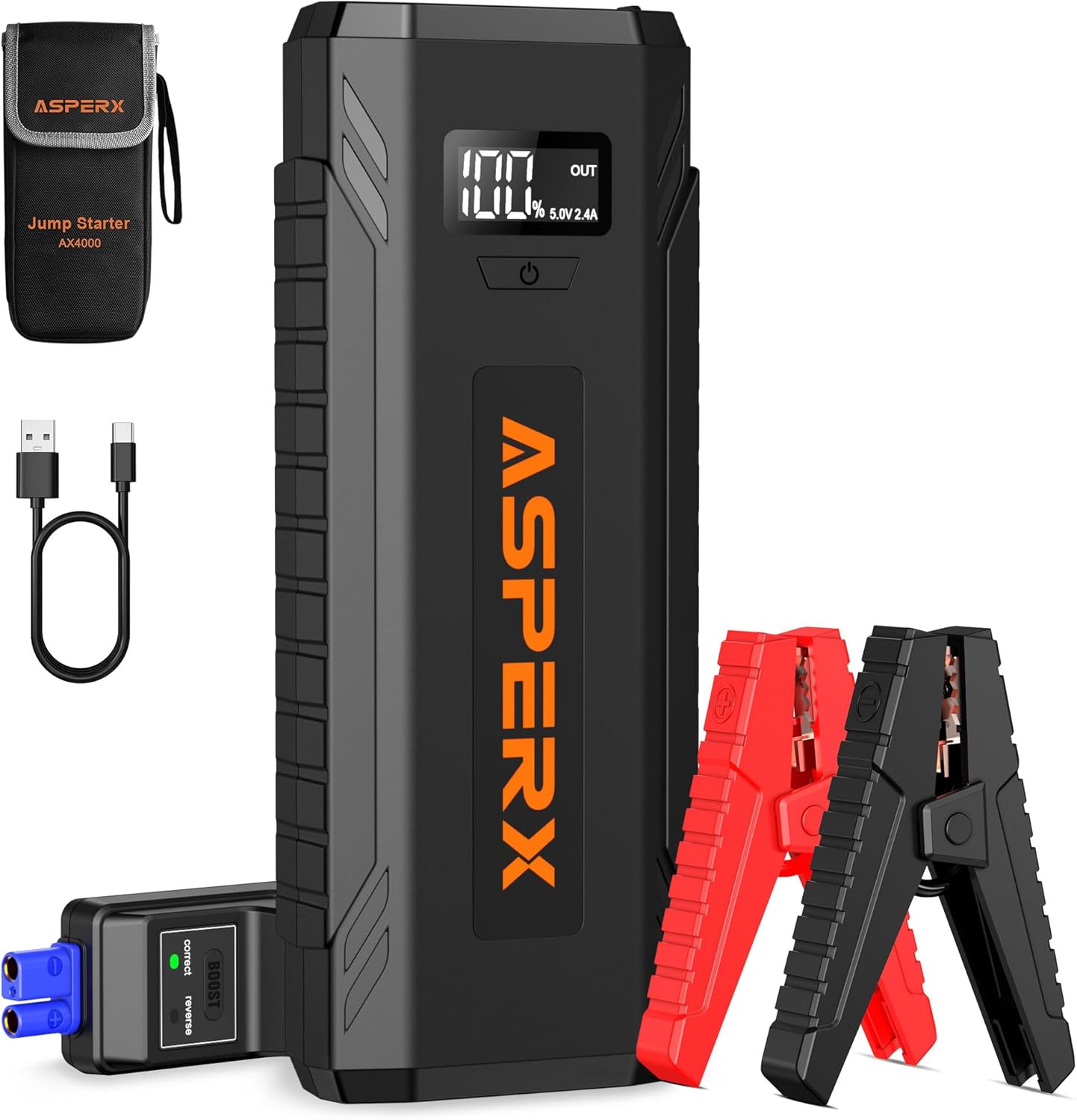 ASPERX Car Jump Starter, 2000A Peak Battery Jump Starter for Up to 7.0L Gas or 5.5L Diesel Engine, 12V Portable Battery Starter Power Pack with 1.4 INCH LCD Display