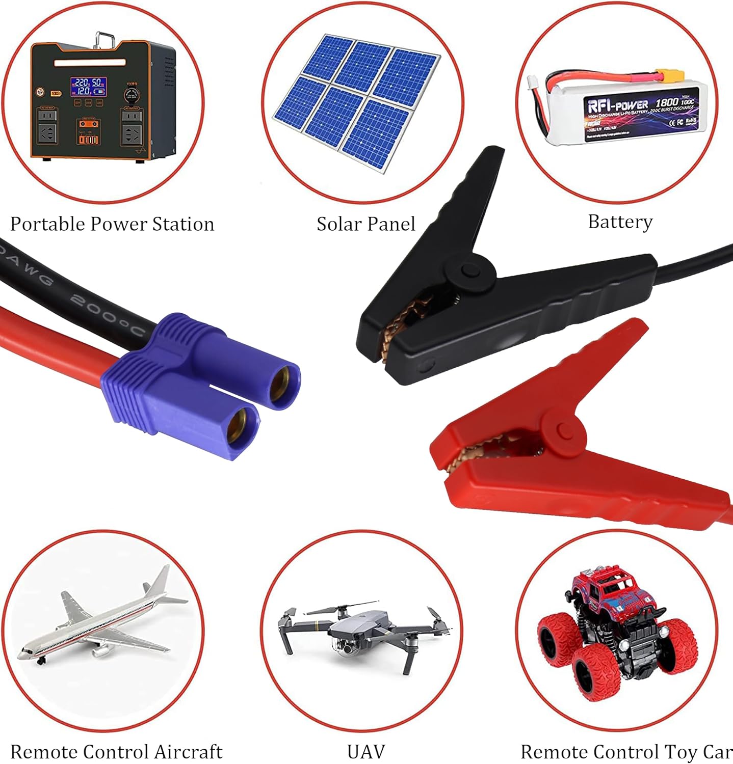 Battery Star-ting Cable Booster Jumper Cables Alligator Clamp to EC5 Starting Cable car Emergency Starting Power Clip Adapter (10 AWG) All Copper Silicone for Prevent Reverse Charge[3.2FT]