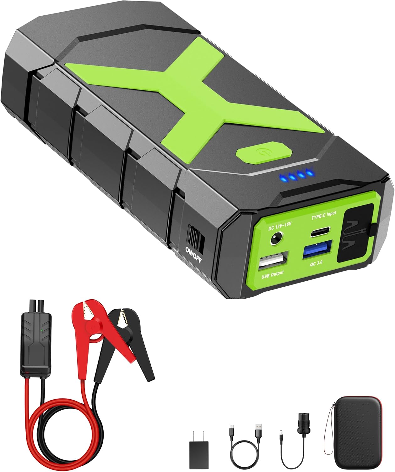 BOOKOO Car Battery Jump Starter 4000A,16000mAh Portable Battery Jumper Cables for Car 8L Gas | 7L Diesel Engines,Jump Box with USB QC 3.0 | PD 18W Fast Charging,3 LED Modes with SOS for Emergency Use