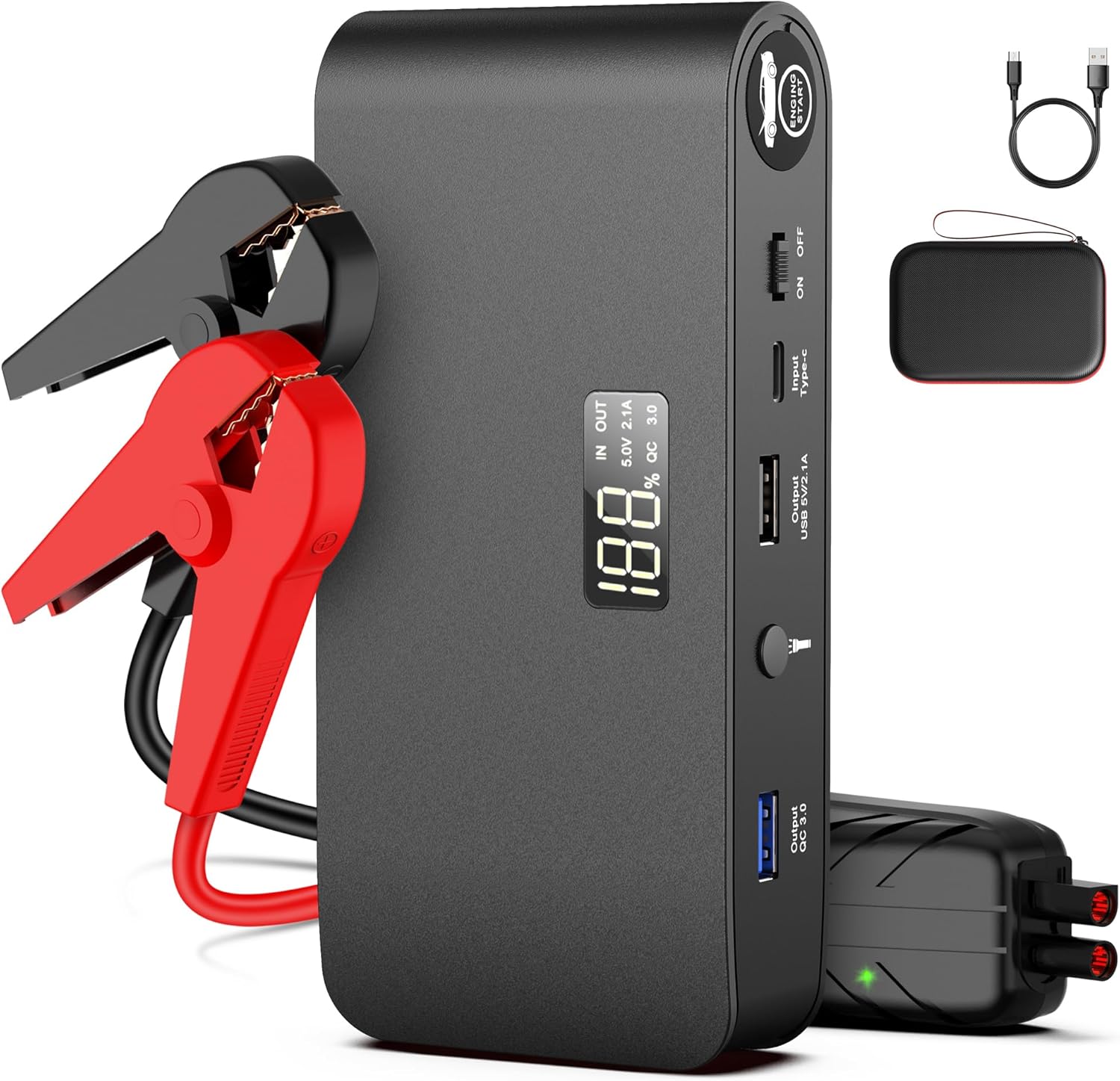 BOOKOO Car Battery Jump Starter 4000A,16000mAh Portable Battery Jumper Cables for Car 8L Gas | 7L Diesel Engines,Jump Box with USB QC 3.0 | PD 18W Fast Charging,3 LED Modes with SOS for Emergency Use