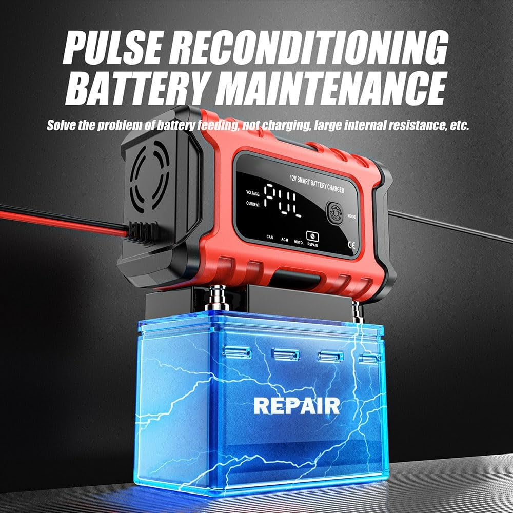 Car Battery Charger, 12V 6A Smart Battery Trickle Charger, 12V Automotive Battery Maintainer Desulfator with Temperature Compensation for Car Truck Motorcycle Lawn Mower Marine Lead Acid Batteries